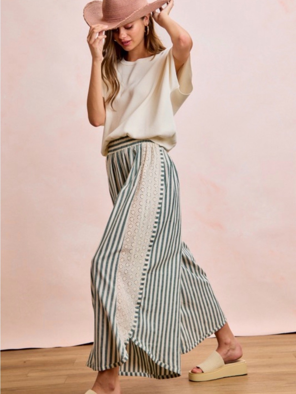 BiBi Cream & Sage striped palazzo Pants with side lace detail - Picture 3 of 5